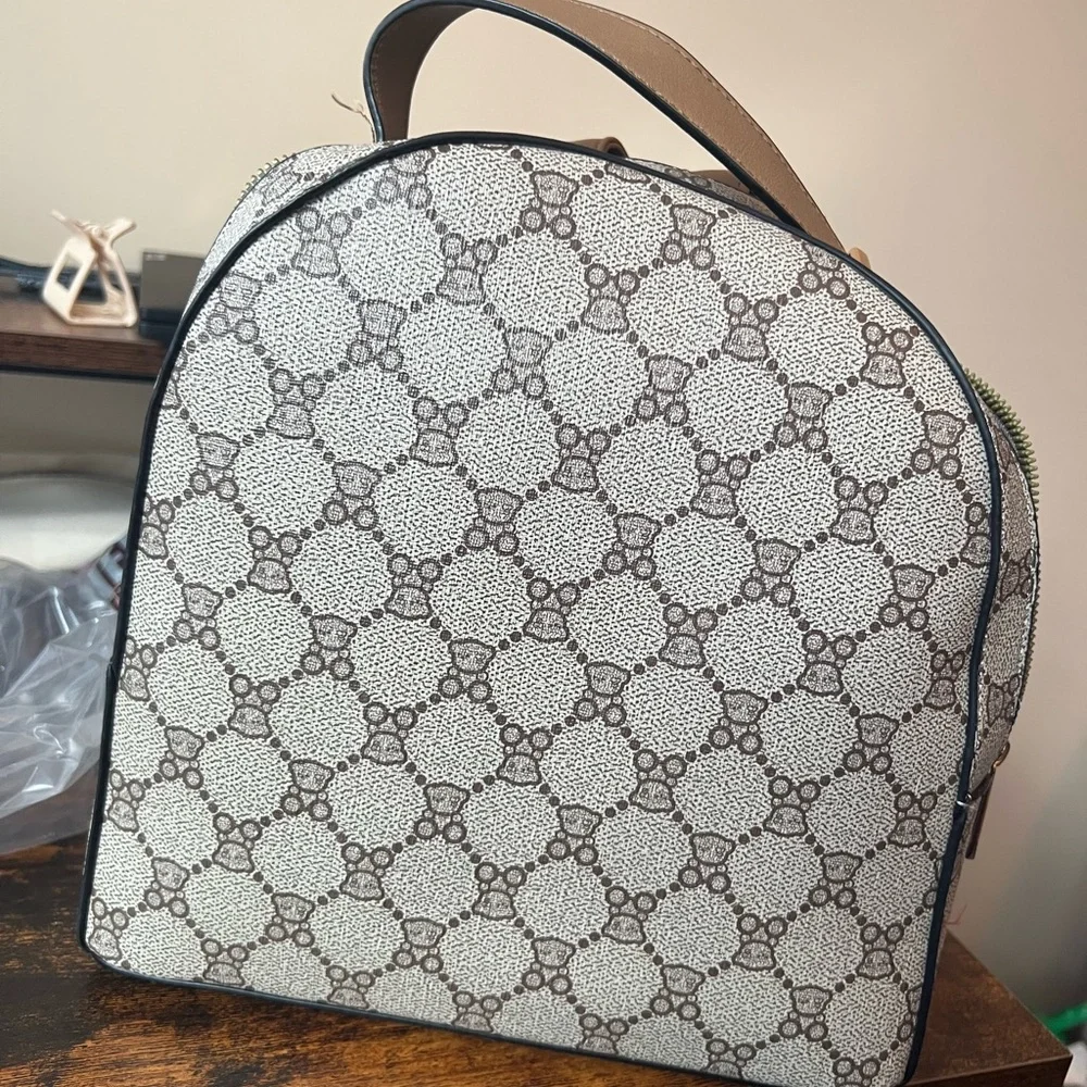 Beige and Brown Patterned Tote and Backpack Set - Picture 2 of 5